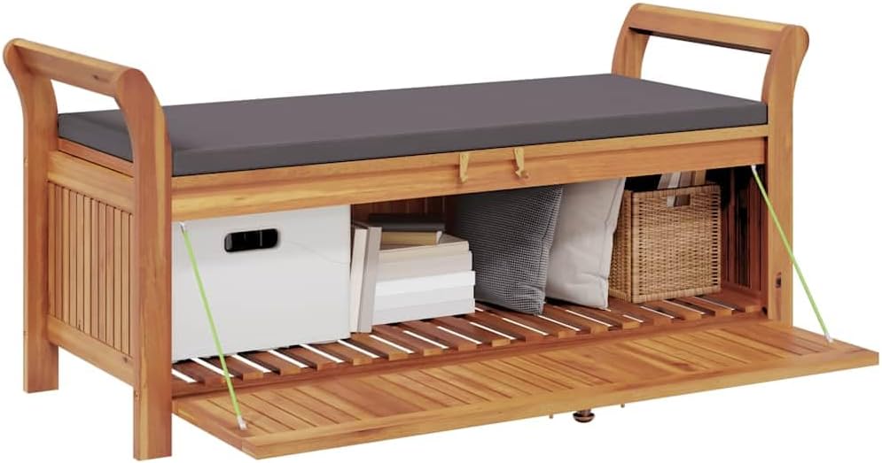 Solid Acacia Wood Patio Storage Bench with Cushion 49.6" Outdoor Garden Seat with Curved Arms and Ample Storage Space for Pillows and Blankets