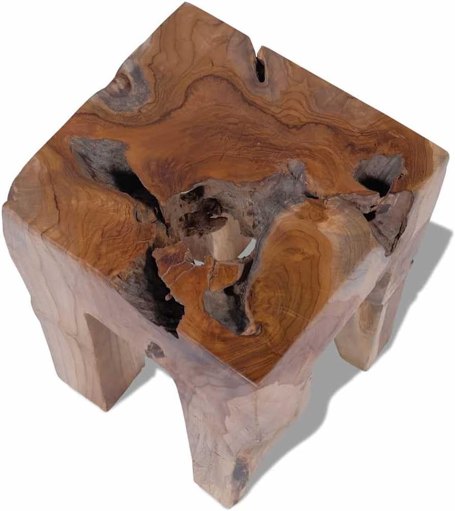 Solid Teak Wood Stool, Square Rustic End Table for Living Room Bedroom, Sturdy Compact Footrest Seat, 15.7 inch Height, Brown