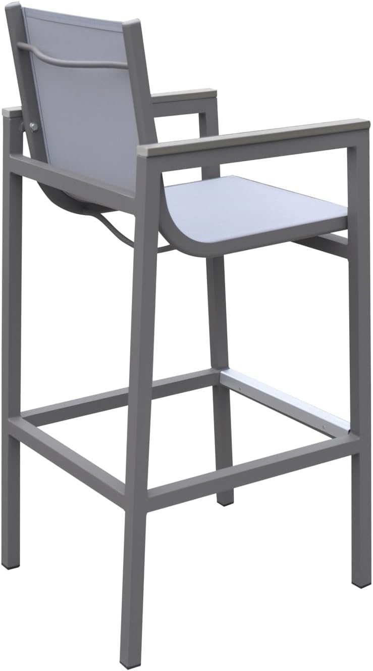 Marina Outdoor Patio in Gray Powder Coated Finish with Sling Textilene and Wood Accent Arms - Aluminium Lightweight Aluminum Frame Arm Accents Porch Weather