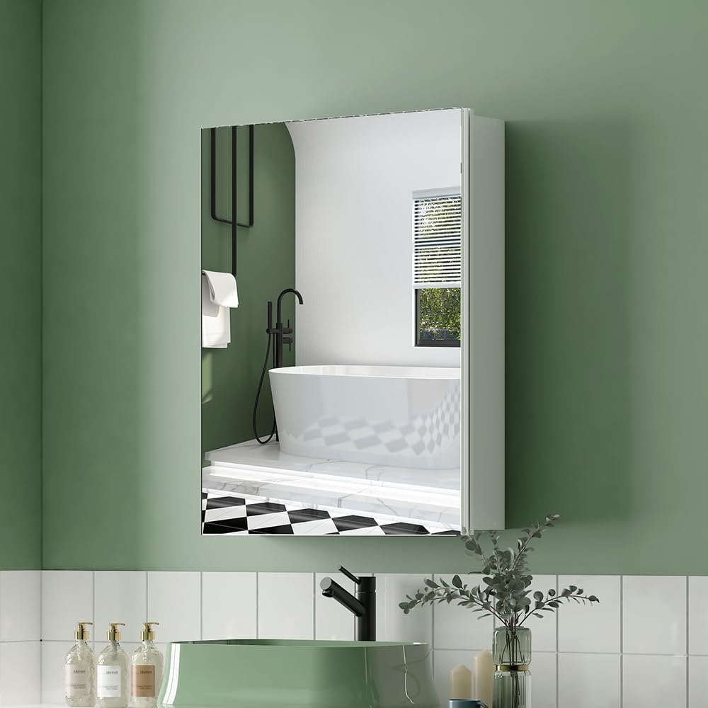 Quavikey 20"x26" Medicine Cabinet with Mirror, Recessed or Surface, Silver | Premium bathroom mirror cabinet featuring rustproof aluminum frame, adjustable shelves, soft-close hinges, and ample storage.