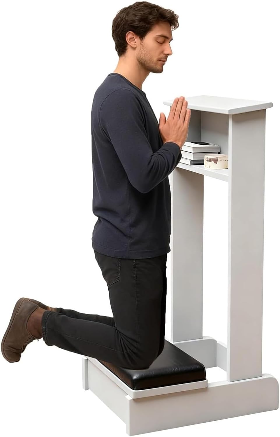 Wooden Prayer Kneeler with Angled Reading Platform and Shelf, Comfortable Kneeling Bench for Praying Catholic, Home Altar Pulpit Stool for Meditation(White)