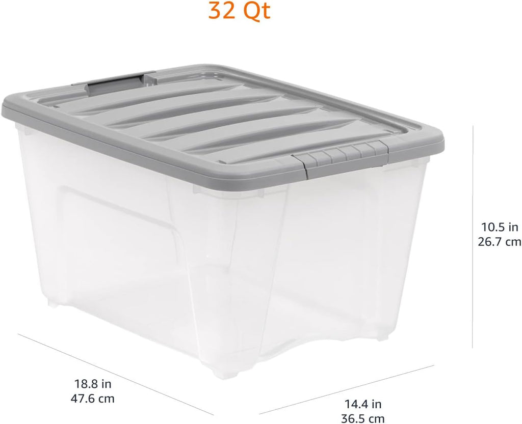 Amazon Basics Plastic Storage Containers with Secure Latching Lids, Stackable Organization Bins, Clear/Grey, 32 Quart, Set of 6