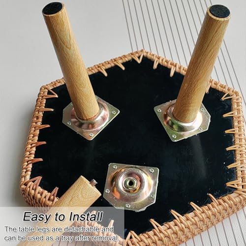 Hand Woven Rattan Serving Tray Table with Wooden Legs, Stylish Low Table for Living Room & Bedroom, Tea Time, 66lbs Capacity, Blue, 34x30cm (13x12in)