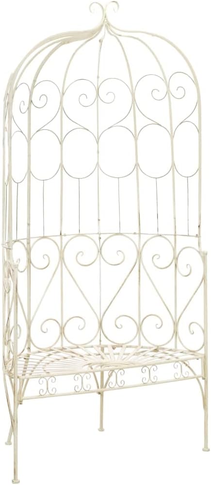 Wrought Iron Garden Bench, 2-Seater Antique White Metal Outdoor Patio Furniture with Decorative Inlays for Backyard, Porch, and Conservatory