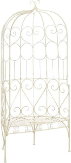 Wrought Iron Garden Bench, 2-Seater Antique White Metal Outdoor Patio Furniture with Decorative Inlays for Backyard, Porch, and Conservatory