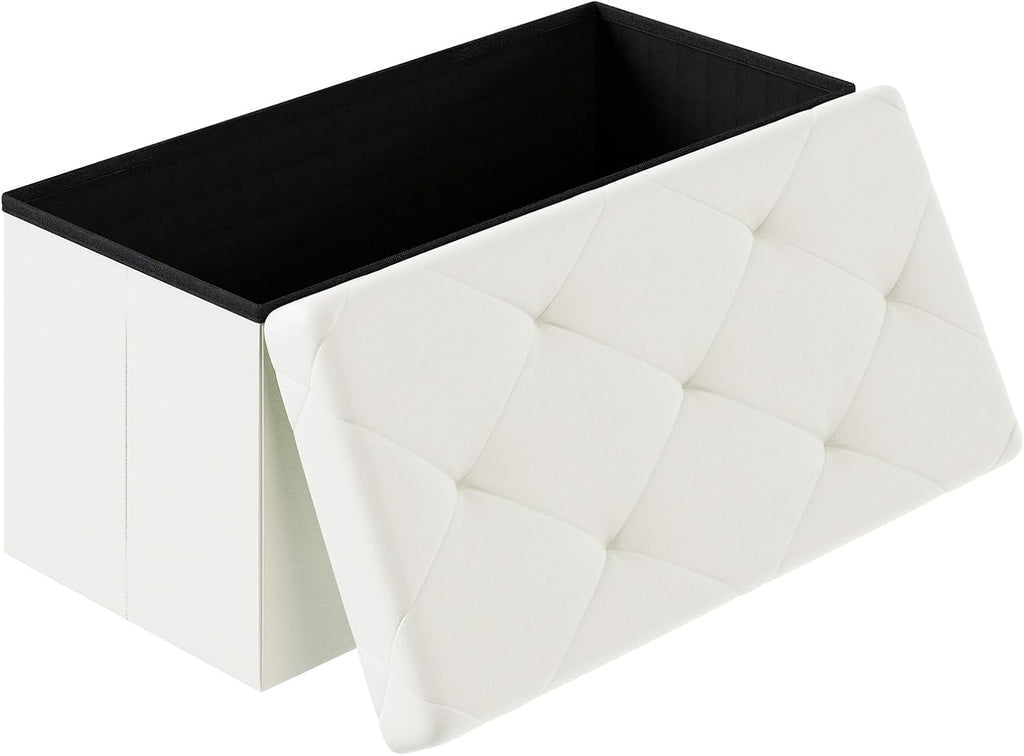 Sweetcrispy 30 Inch Folding Storage Ottoman Bench, Ottoman with Storage | Foot Rest Stool with Padded Seat, End of Bed Storage Bench for Living Room, Bedroom, Loads 660 LBS, Synthetic Leather, Beige