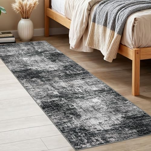 KILOCOCO Modern Abstract Runner Rug 2x6 ft Washable Hallway Runner Rug Non Slip Soft Printed Kitchen Runners for Hallways Entryway Bedside Laundry Room Floor Runners, Black/Grey