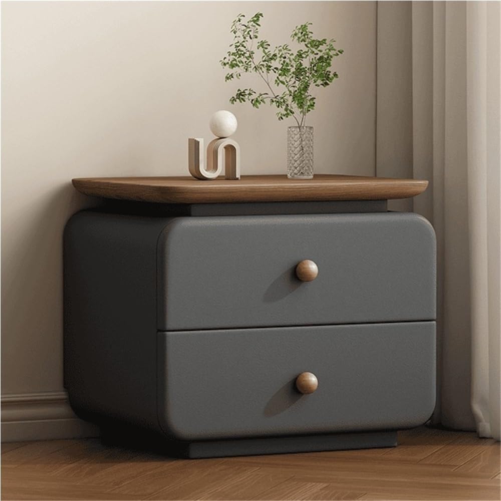 Leather Bedside Table with 2 Drawers, Vintage Wood Nightstand for Bedroom and Living Room