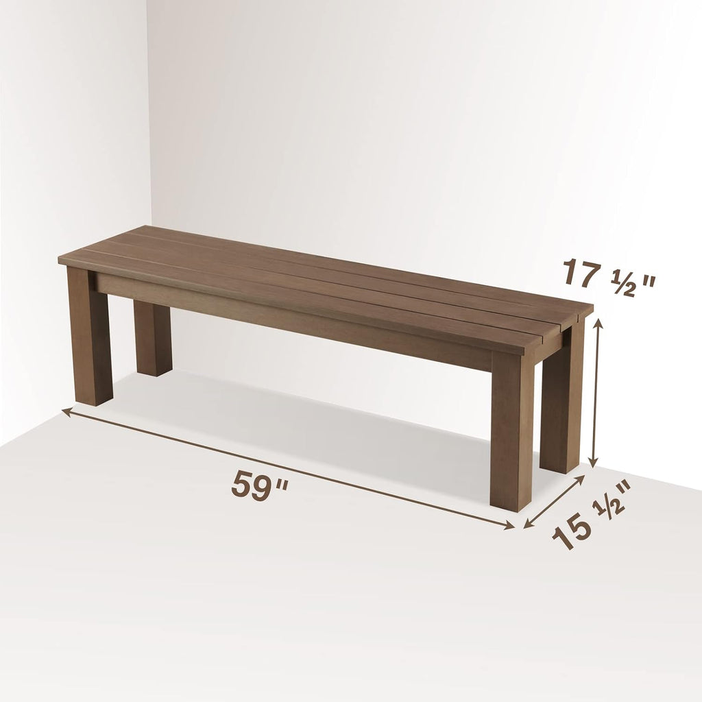 59" Outdoor Backless Bench, 3-Person Poly Lumber Patio Bench, Anti-Rot Anti-Fade Weatherproof HIPS Bench, Low Maintenance, for Garden, Porch, Park & Backyard, Indoor & Outdoor Use，Brown