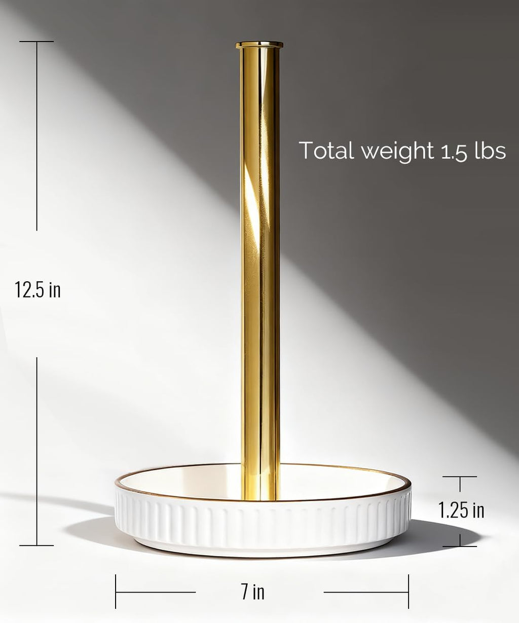 Paper Towel Holder, Ceramic Heavy Plate Base Wobble-Free, Roll Stand-Gold | Effortless Cleaning and Easy to Assemble, Super Large for Triple Rolls, High End Looking as a Good Gift for Kitchen Island
