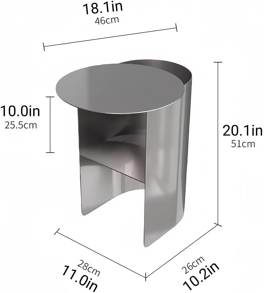 Stainless Steel Round Side Table Creative Metal Coffee Table with Open Storage, Ideal for Bedroom, Living Room, Office, Guest Room, and Study, Silver, 18.1 x 11.0 x 20.1 inches