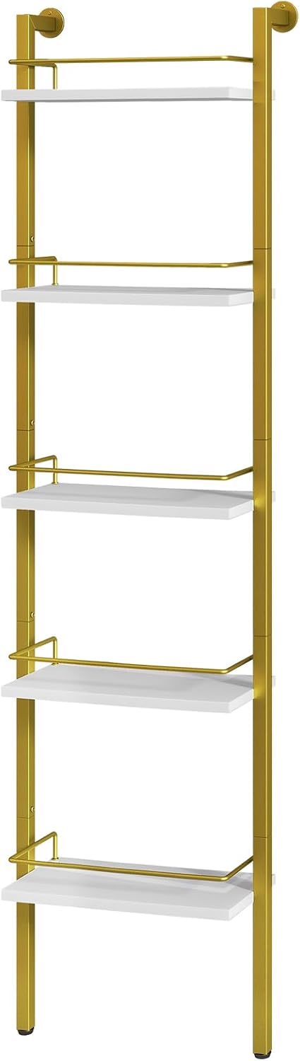 YMYNY 5-Tier Freestanding Wine Rack, White with Gold, UHWR001G | With Fences, Wall Mounted Floating Shelf, Bottles Holder, Liquor Cabinet Storage 16.93" L x 7.87" W x 69.68" H for Kitchen