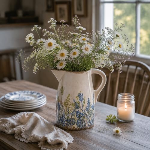 Navy Blue & Green Vintage Ceramic Pitcher Vase 7.3”, Rustic Farmhouse Floral Vase, Beige Decorative Centerpiece, Grandmillennial Tuscan Decor