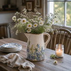 Navy Blue & Green Vintage Ceramic Pitcher Vase 7.3”, Rustic Farmhouse Floral Vase, Beige Decorative Centerpiece, Grandmillennial Tuscan Decor