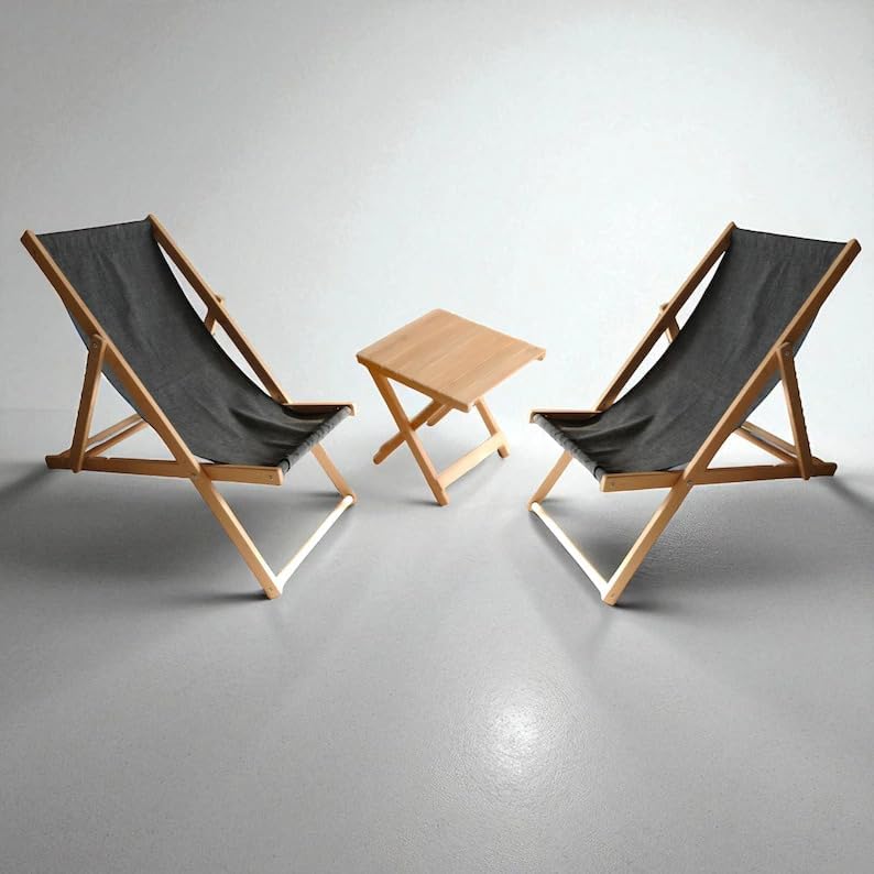 Wooden Folding Beach Chair, Outdoor Sling Chair with Beige Canvas, Portable Lounge Chair for Patio, Deck, Yard, Poolside, Beach, Balcony