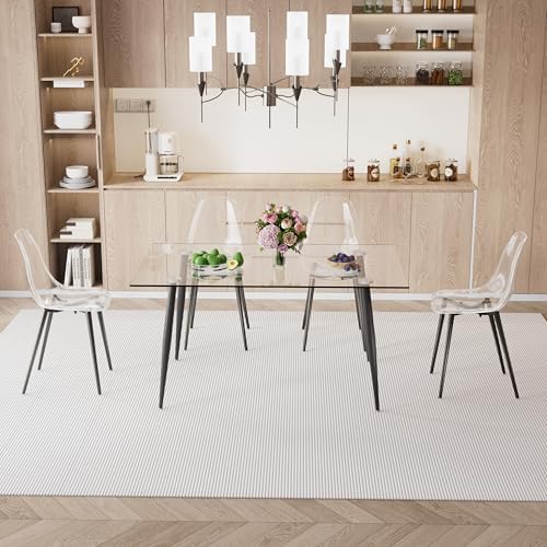 Baysitone 51 inch Glass Dining Table Set for 4, Dining Table & Chair Sets with Black Metal Legs for Kitchen, Modern Rectangle Tempered Glass Table Top&Transparent Plastic Dining Chair for Dining Room