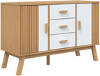 White and Brown Solid Pine Wood Sideboard with Multiple Drawers and Doors for Dining Room Living Room Hallway Storage Modern Scandinavian Design Furniture