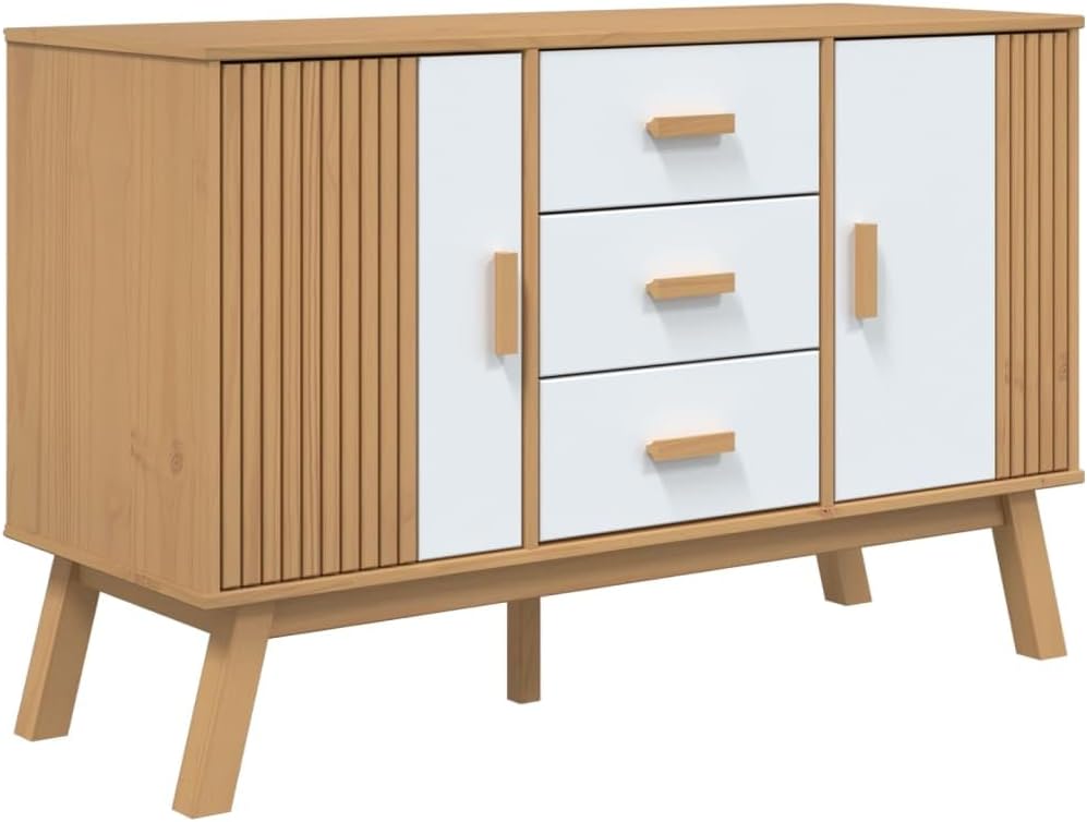 White and Brown Solid Pine Wood Sideboard with Multiple Drawers and Doors for Dining Room Living Room Hallway Storage Modern Scandinavian Design