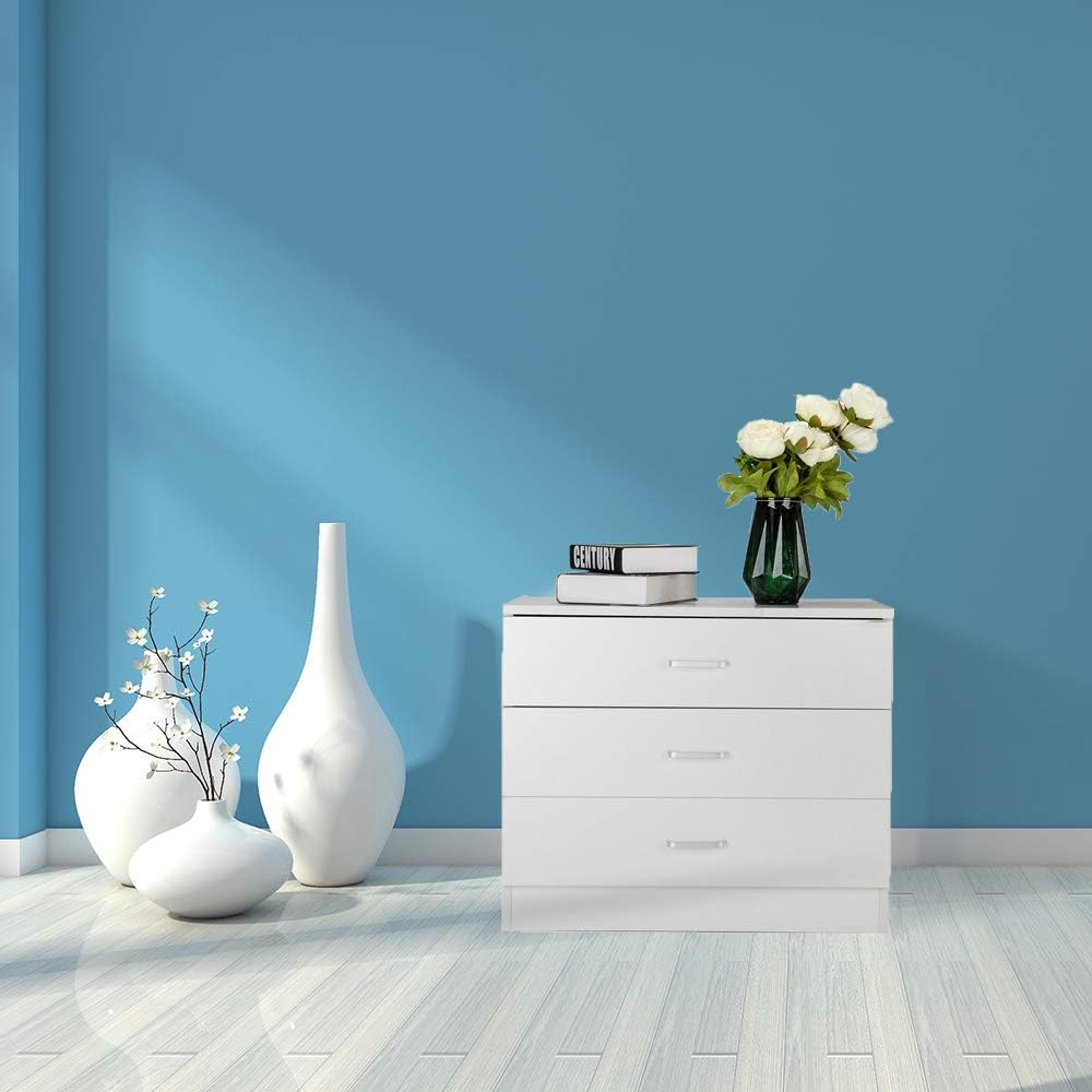Mid Century Nightstand,Bedroom Bedside End Table,Solid Wood Night Stand,Home Office Dresser Side Tables,with 3 Drawers & Handle,for Small Spaces, Study, Living Room, Entryway, Hallway (White)