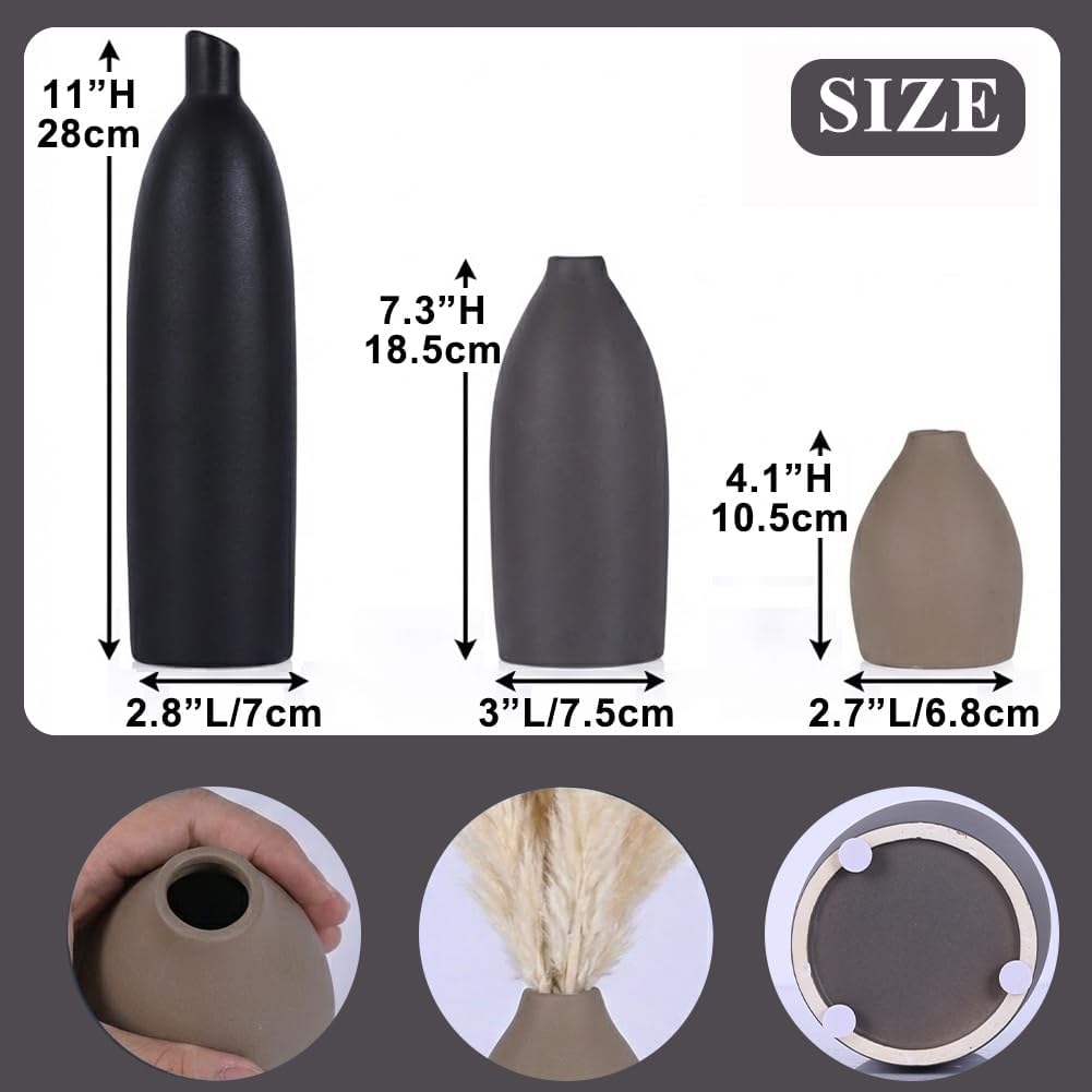 Ceramic Vase Set of 3 - Modern Boho Farmhouse Home Decor Flower Vases for Living Room, Kitchen Island, Dining Table Centerpiece Decor, Office Shelf, Fireplace Mantle Decorations (Black Taupe Mix)