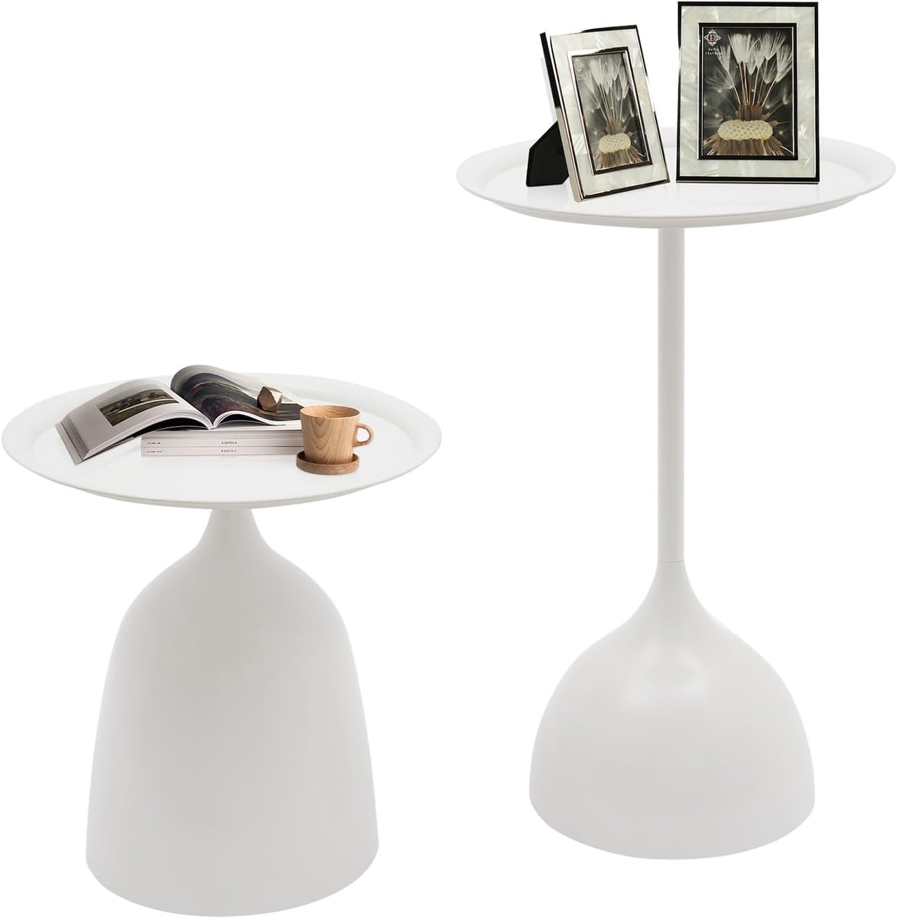 Side Tables Set of 2, 15.7'' Metal Round End Tables with Round Base, Small Accent Tables for Living Room Bedroom Sofa, Minimalist Side Table Set with Tall and Short (White)