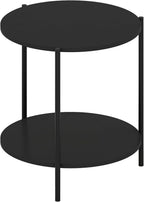 Furinno Besi 2-Tier Wide Round Side Table with Metal Legs, Metal Black End Table, Night Stand, Bedside Table with Open Shelf, for Living Room, Bedroom, Dark Americano