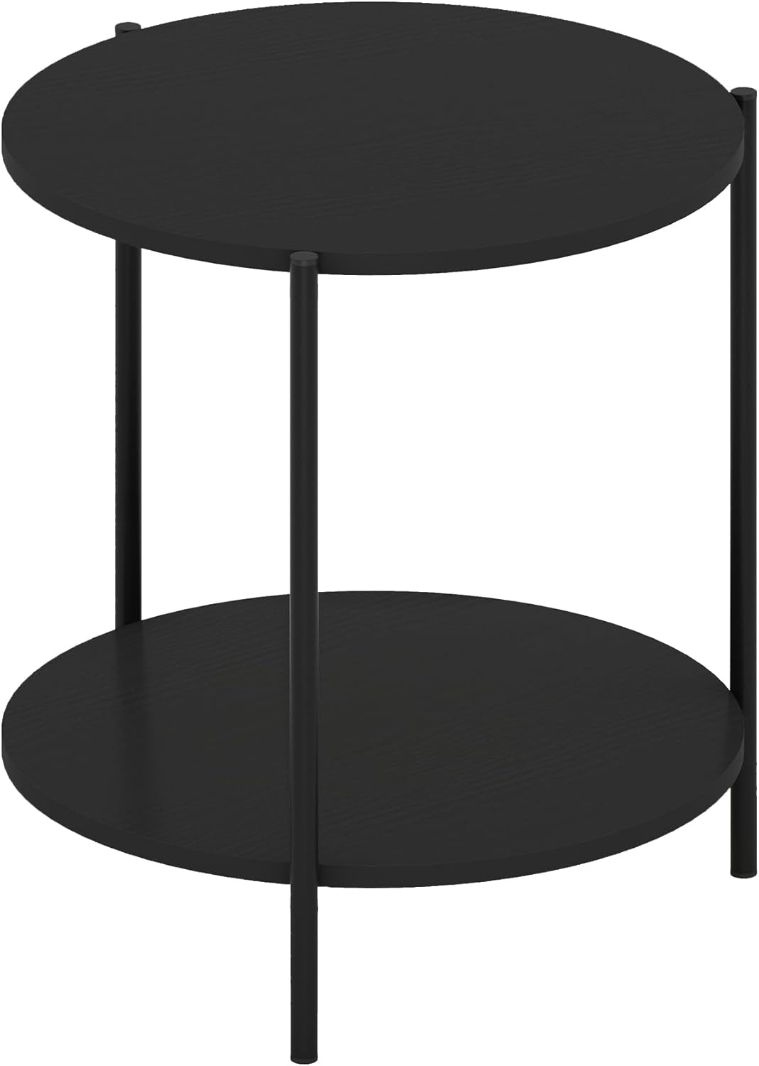 Furinno Besi 2-Tier Wide Round Side Table with Metal Legs, Metal Black End Table, Night Stand, Bedside Table with Open Shelf, for Living Room, Bedroom, Dark Americano