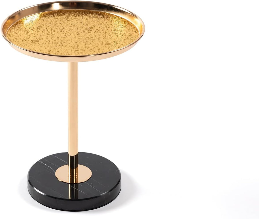Luxe Modern Round Side Table with Gold Finish, Black Marble Base, Decorative Pedestal End Table for Tea, Martini, Display Storage