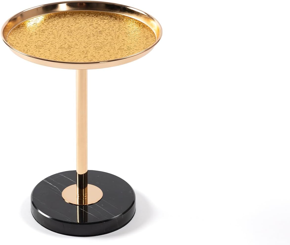 Luxe Modern Round Side Table with Gold Finish, Black Marble Base, Decorative Pedestal End Table for Tea, Martini, Display Storage