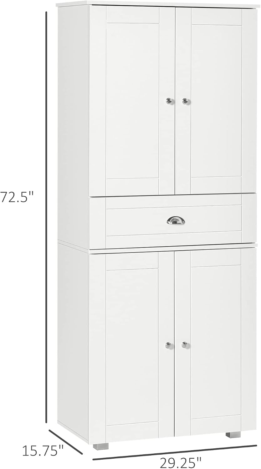 72" Freestanding Kitchen Pantry Cabinet with 2 Large Double Door Cabinets and 1 Center Drawer, White,15.75 * 29.25 * 72.5