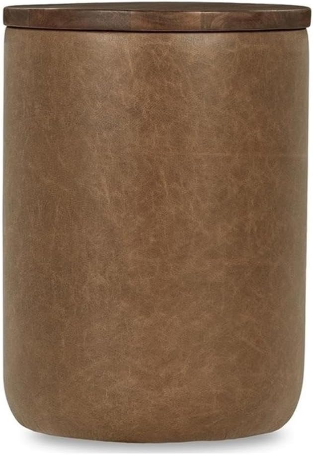 Pemberly Row Mango Wood Leather Wrap Accent End Table, Chestnut Finish, 16Wx16Dx24H, Rustic Grain Patterns, Genuine Leather Base, Round Tabletop, Elegant Modern or Rustic Living Room Furniture