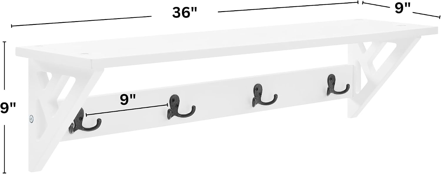 Coventry Wall Mounted Coat Rack with Shelf – Modern 36-Inch Entryway Wall Organizer with 4 Double Hooks – Space-Saving Storage for Apartments, Small Spaces, or Mudroom by Alaterre Furniture (White)