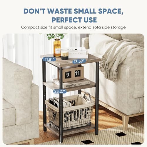 OLIXIS 3-Tier Small Side Table for Small Spaces, Bedroom Nightstand | 23'' Tall Bedside Table with Open Shelf and Adjustable Feet for Living Room, Bedroom, Office, Light Grey