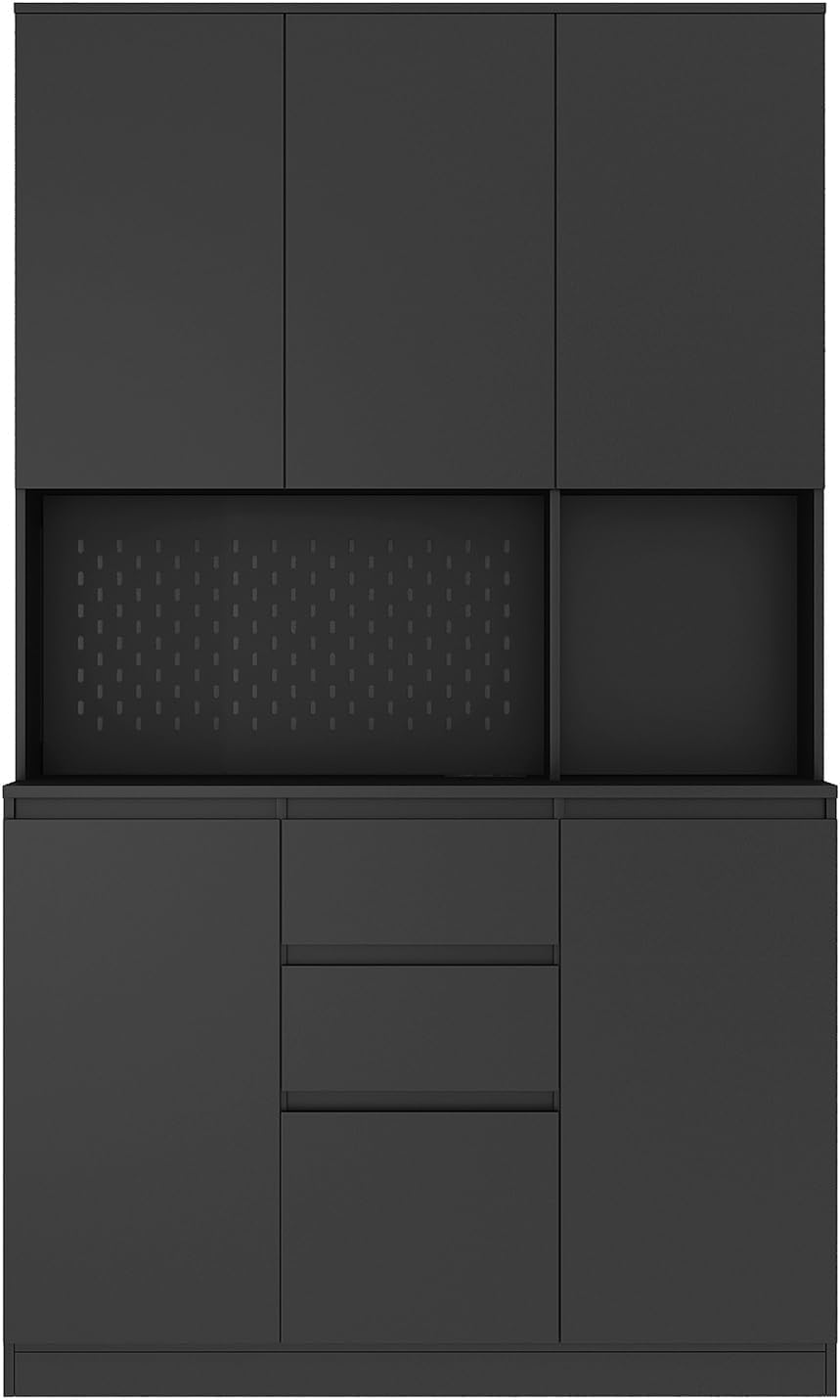 74" Kitchen Pantry Cabinet with Microwave Stand Tall Pantry Storage Cupboard with 6 Doors,3 Shelves and 2 Drawer Modern Kitchen Hutch with Countertop, Black A