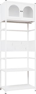 White Steel Wardrobe with Arched Sunlight Panel Doors, Hanging Rail, Open Shelves, 95.1 in Tall, Modern Bedroom Closet Organizer (White1)