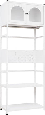 White Steel Wardrobe with Arched Sunlight Panel Doors, Hanging Rail, Open Shelves, 95.1 in Tall, Modern Bedroom Closet Organizer (White1)