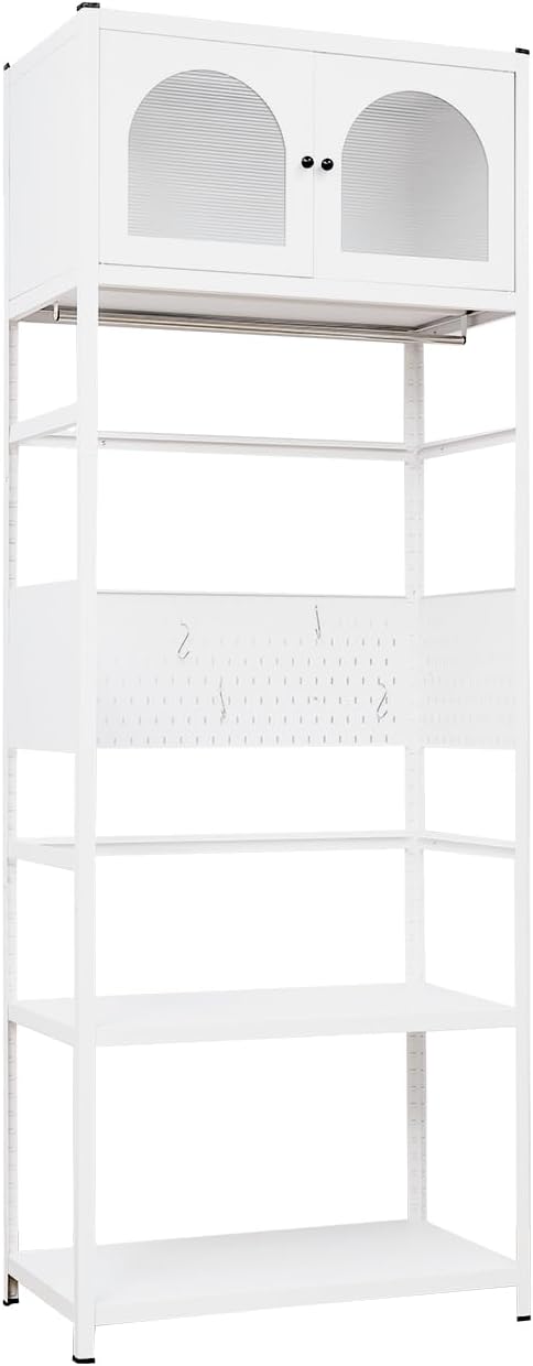 White Steel Wardrobe with Arched Sunlight Panel Doors, Hanging Rail, Open Shelves, 95.1 in Tall, Modern Bedroom Closet Organizer (White1)