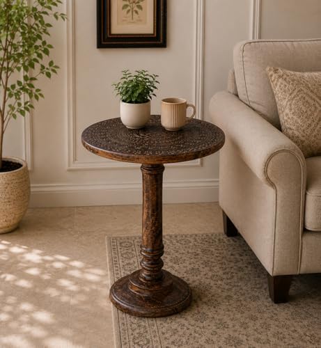 Alpha Living Home Farmhouse End Table, Solid Mango Wood Round Side Table for Living Room, Rustic Accent Table for Bedroom, Sofa Side Table, Burnt Finish, 18 x 22 Inch