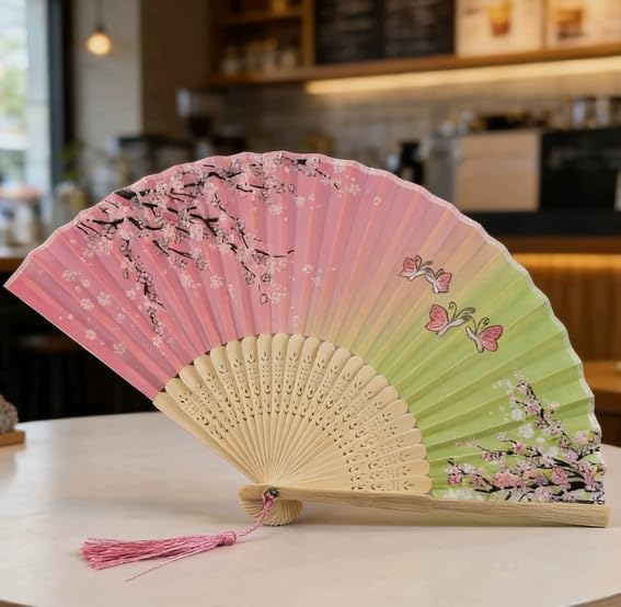 Pink Green Gradient Cherry Blossom Butterfly Folding Hand Fan with Tassel, Vintage Japanese Floral Foldable Fan