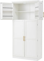 Freestanding Tall Kitchen Pantry Cabinet with 4 Doors and 2 Door Shelves,8 Pull-Out Trays and Adjustable Shelf,for Dining Room (White/F)