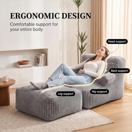 Giant Bean Bag Chair — Plush Faux Fur, Foldable Memory Foam Lounger, Removable Washable Cover for Living Room, Gaming & Lounge (Stripe Grey)