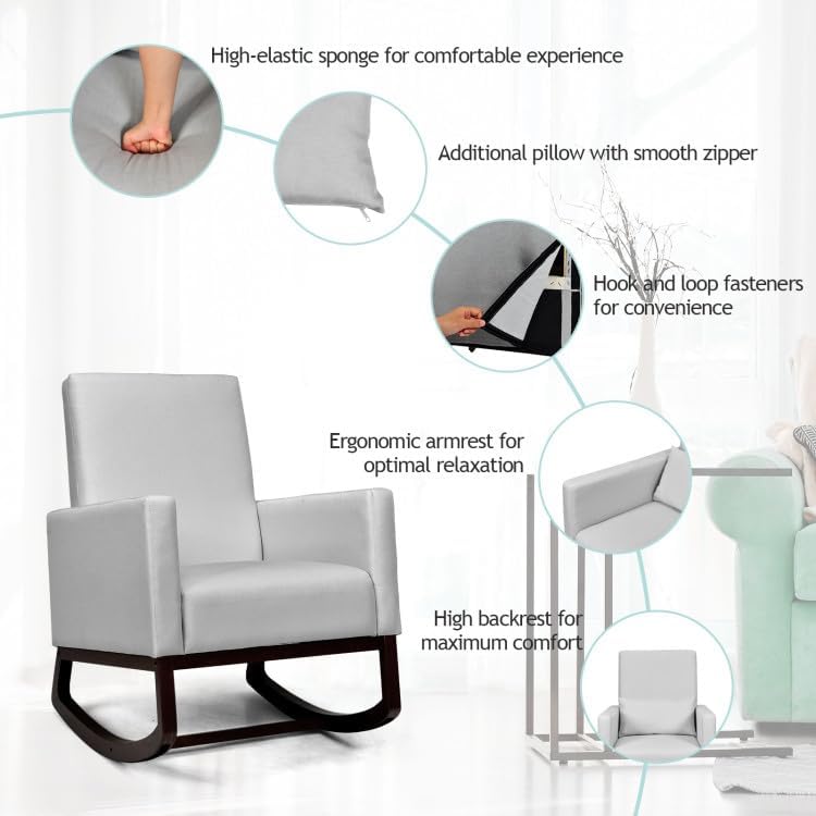 2-in-1 Fabric Upholstered Rocking Chair with Waist Pillow in Light Gray Color for Living Room or Nursery
