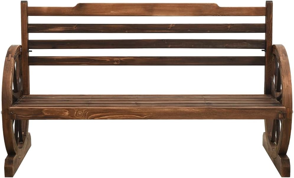 44.1 Inch Garden Bench, 2-Seater Outdoor Wood Bench with Wagon Wheel Armrests, Rustic Firwood Patio Seating for Backyard Balcony Deck, Brown