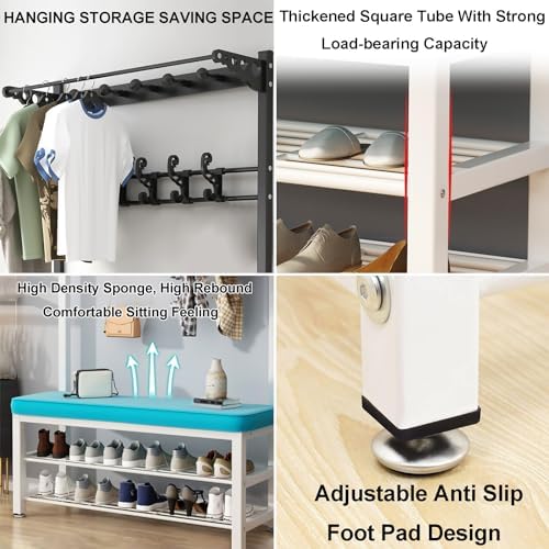 Coat Rack Hall Tree with Shoe Bench for Entryway, Metal Coat Stand with Hooks Clothes Hat Rack Shelf Metal Frame for Bedroom Living Room Hallway,White-24in