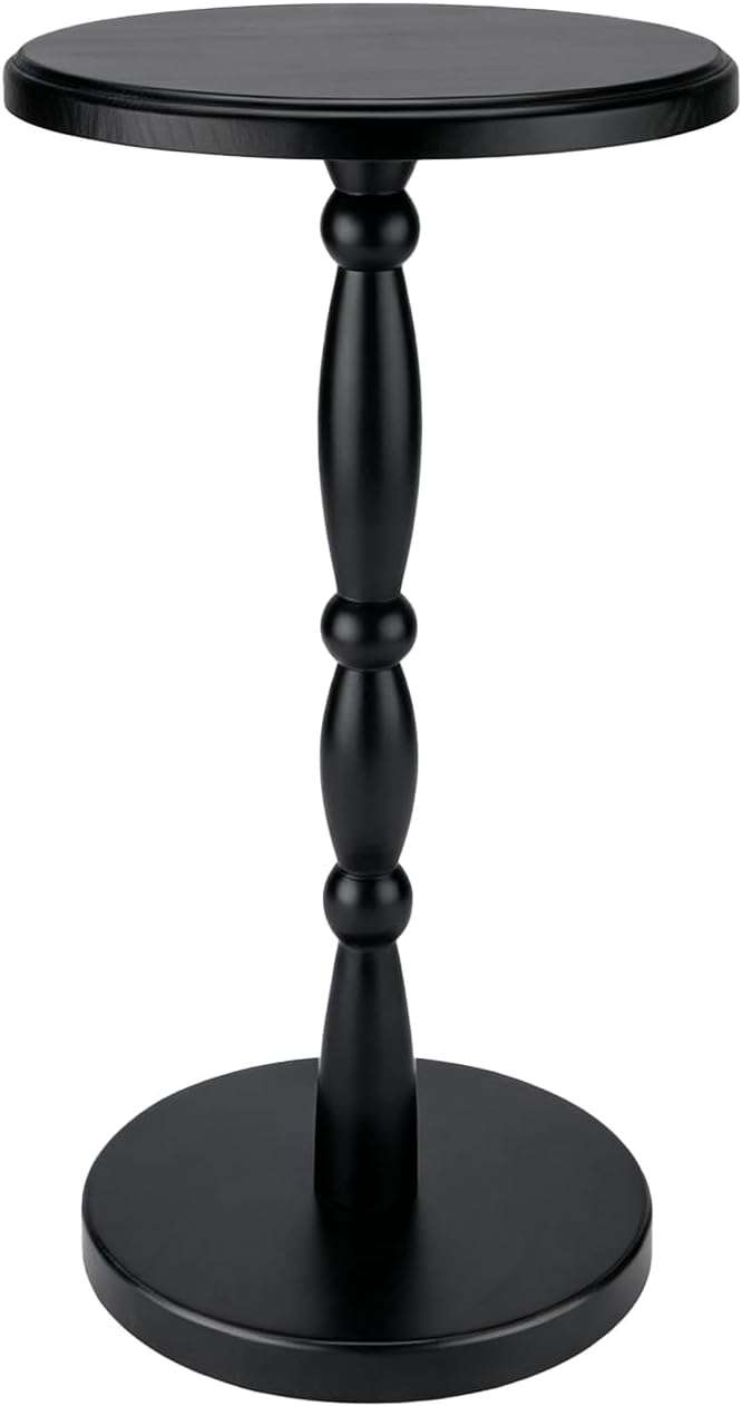 SANY DAYO HOME 12" Real Wood Round Drink Table, Small Pedestal Side Table with Decorative Beaded Design, Accent End Table for Living Room and Bedroom, Black