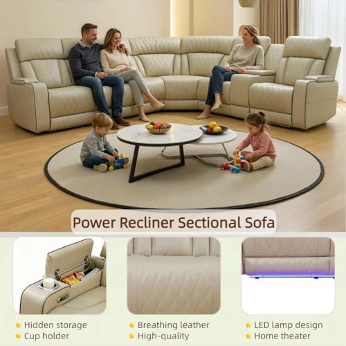 Power Reclining Sectional Sofa Set, Living Room Furniture Sets, Breathing Leather Sectional Couch and Loveseat with 4 Recliners, LED Light, USB Charging Port & Storage for House/Home Theater