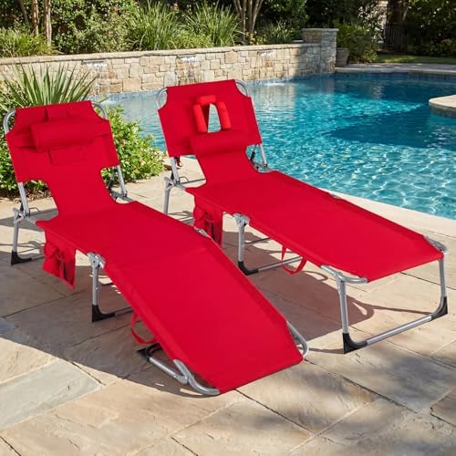 Goplus Tanning Chair, Folding Adjustable Patio Lounger w/Face Arm Holes, 4-Position, 330 LBS, Removable Cushion,Carry Strap, Outdoor Sunbathing Chair, Lightweight Portable Beach Lounge Chair (1, Red)