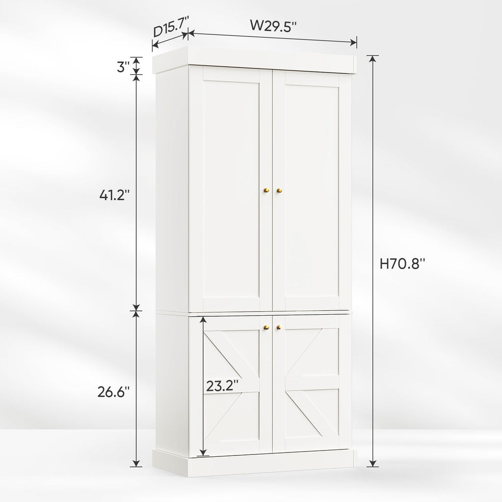 70.8" Tall Farmhouse Kitchen Pantry Cabinet with Glass Doors, Modular Wooden Storage Cabinet with 6-Tier Adjustable Shelves, Hutch for Kitchen or Living Room, Set of 3, White