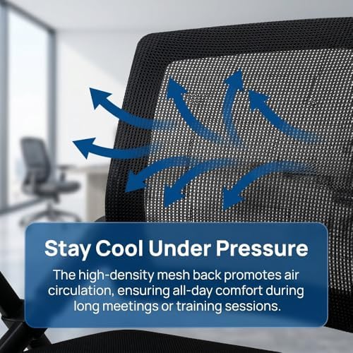 Heavy Duty Folding Office Chair with Breathable Mesh Back - Comfortable Padded Seat & Sturdy Frame for Conference Room, Training,Meeting,Classroom - Stackable Black Guest Reception Chair with Armrests