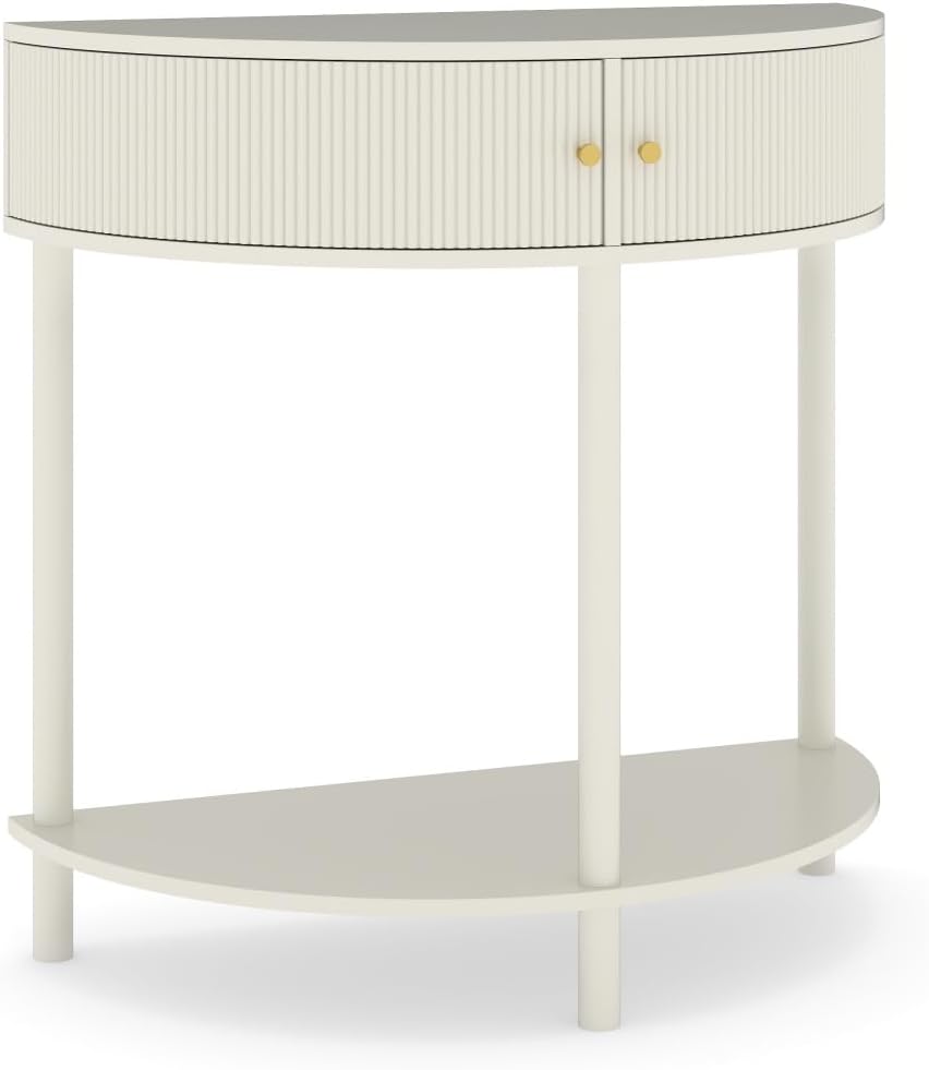 Artisan-Crafted Wave-Pattern Demi-Lune Console Table with Creamy White Finish,Unique Half Moon Design End Table with 2 Storage Drawers and Bottom Shelf for Living Room, Bedroom, Study, Hallway